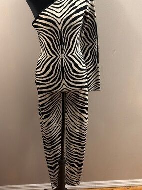 Fashion Nova Black & White Zebra-Print One-Shoulder Jumpsuit